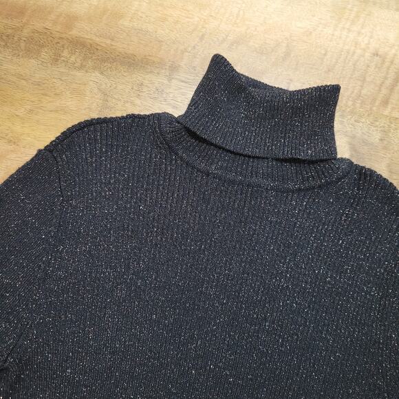 Express Turtleneck Sweater Womens Medium Black Metallic Ribbed Knit - Picture 3 of 7
